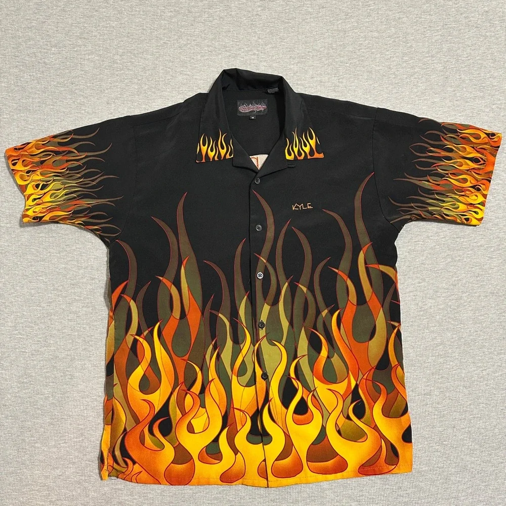 Sapphire Lounge Flame Print‎ Button Up Shirt Kyle Lets Display Black Mens Size M